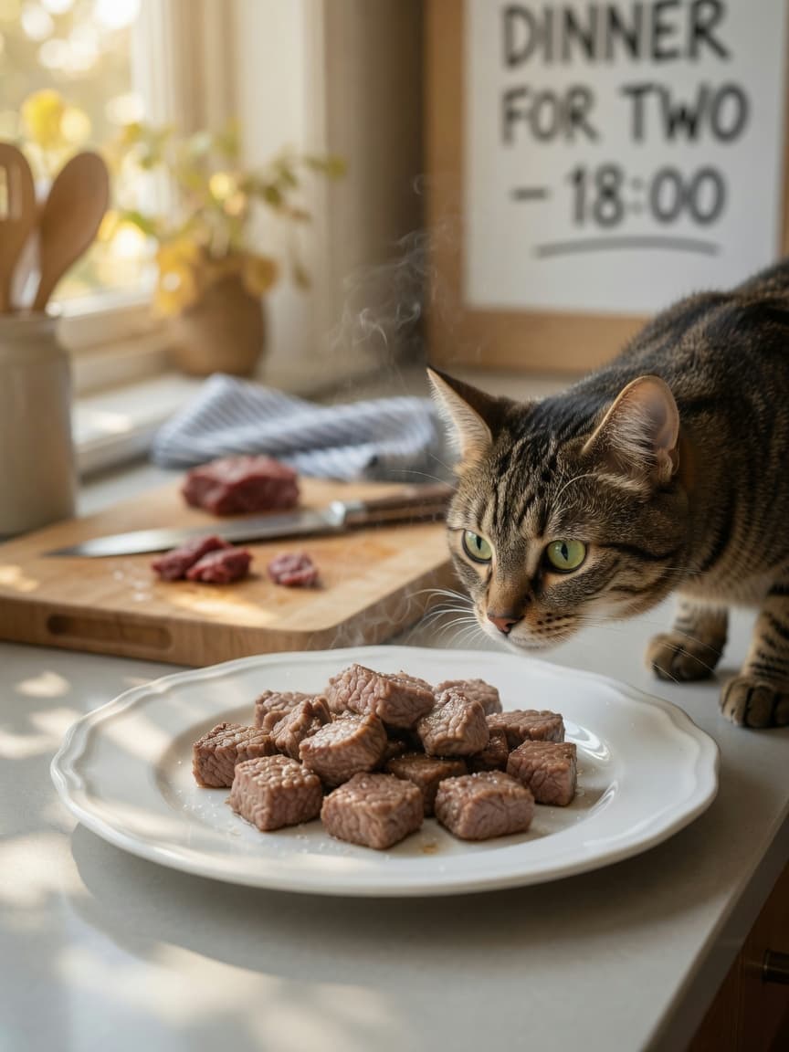 A plate of cooked lean beef pieces next to a curious tabby cat on a kitchen counter