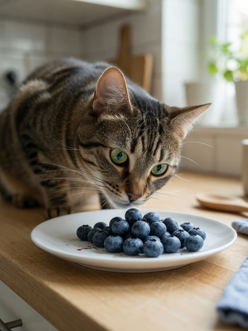 Tabby cat sniffing fresh blueberries on a ceramic plate
