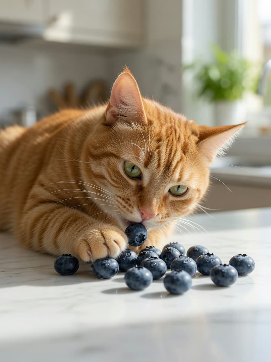 Orange tabby cat sniffing blueberries on a kitchen counter