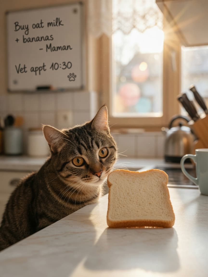 Tabby cat sniffing at a slice of bread on a kitchen counter in morning sunlight