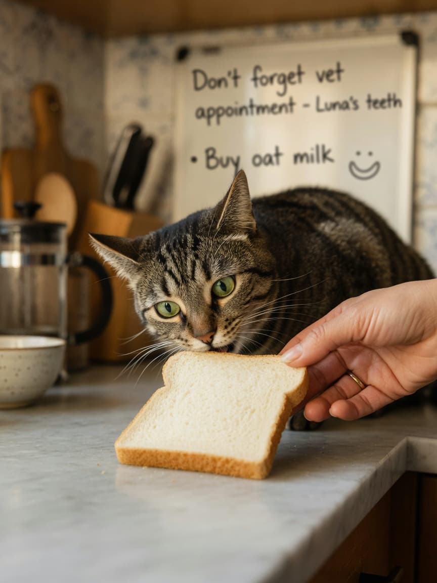 Tabby cat sniffing a slice of white bread on a kitchen counter while an owner's hand reaches to remove it