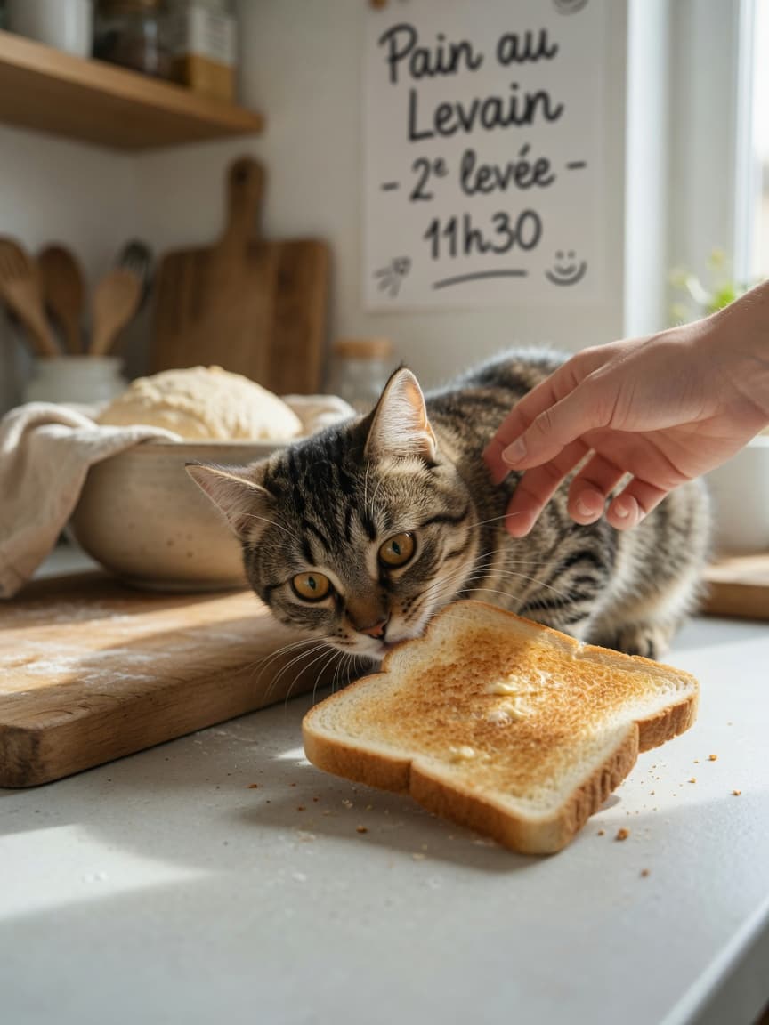 A curious tabby cat sniffing at toast on a kitchen counter while a human hand gently redirects it away