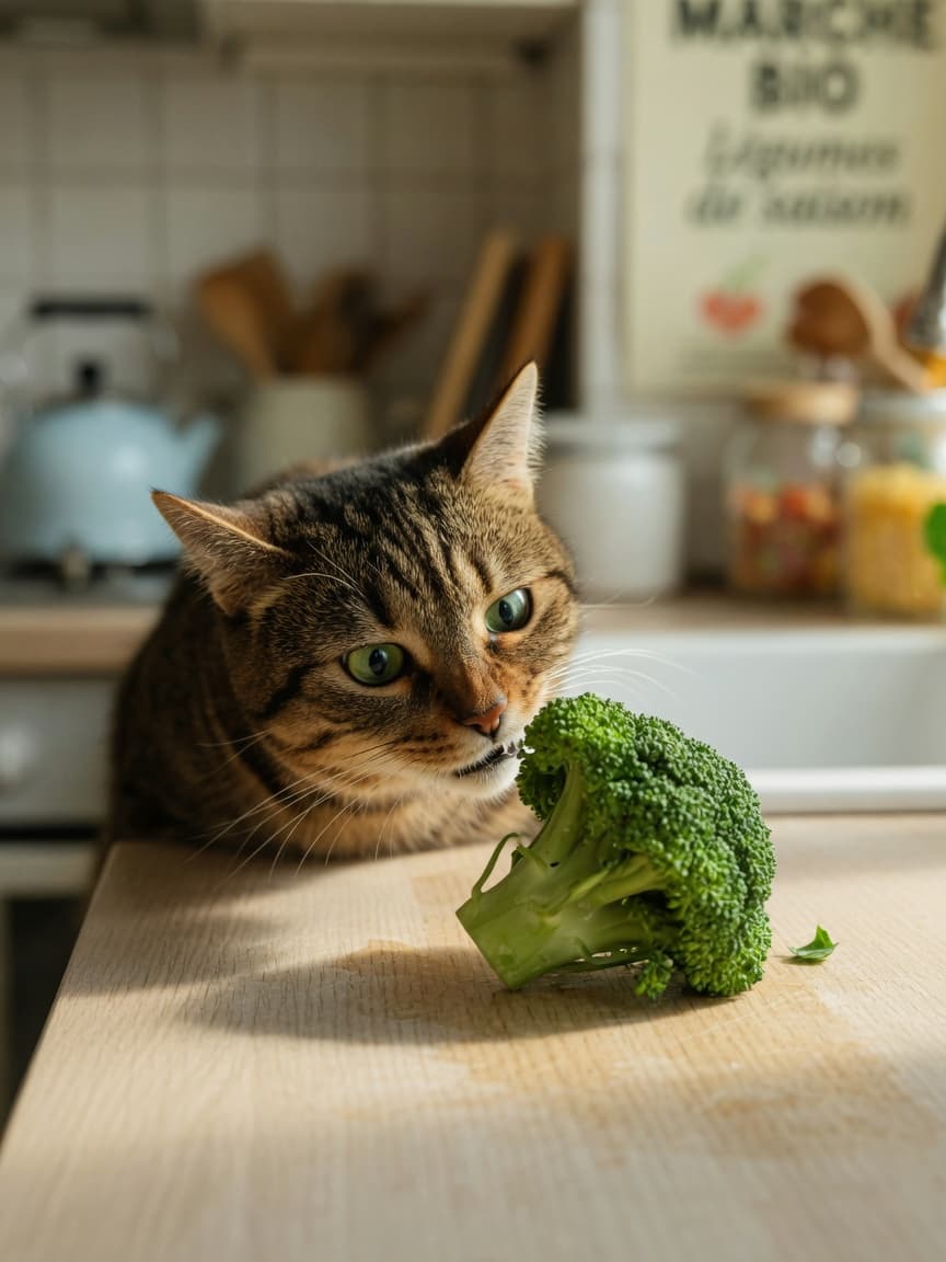 Tabby cat sniffing a broccoli floret on a kitchen counter with natural window light