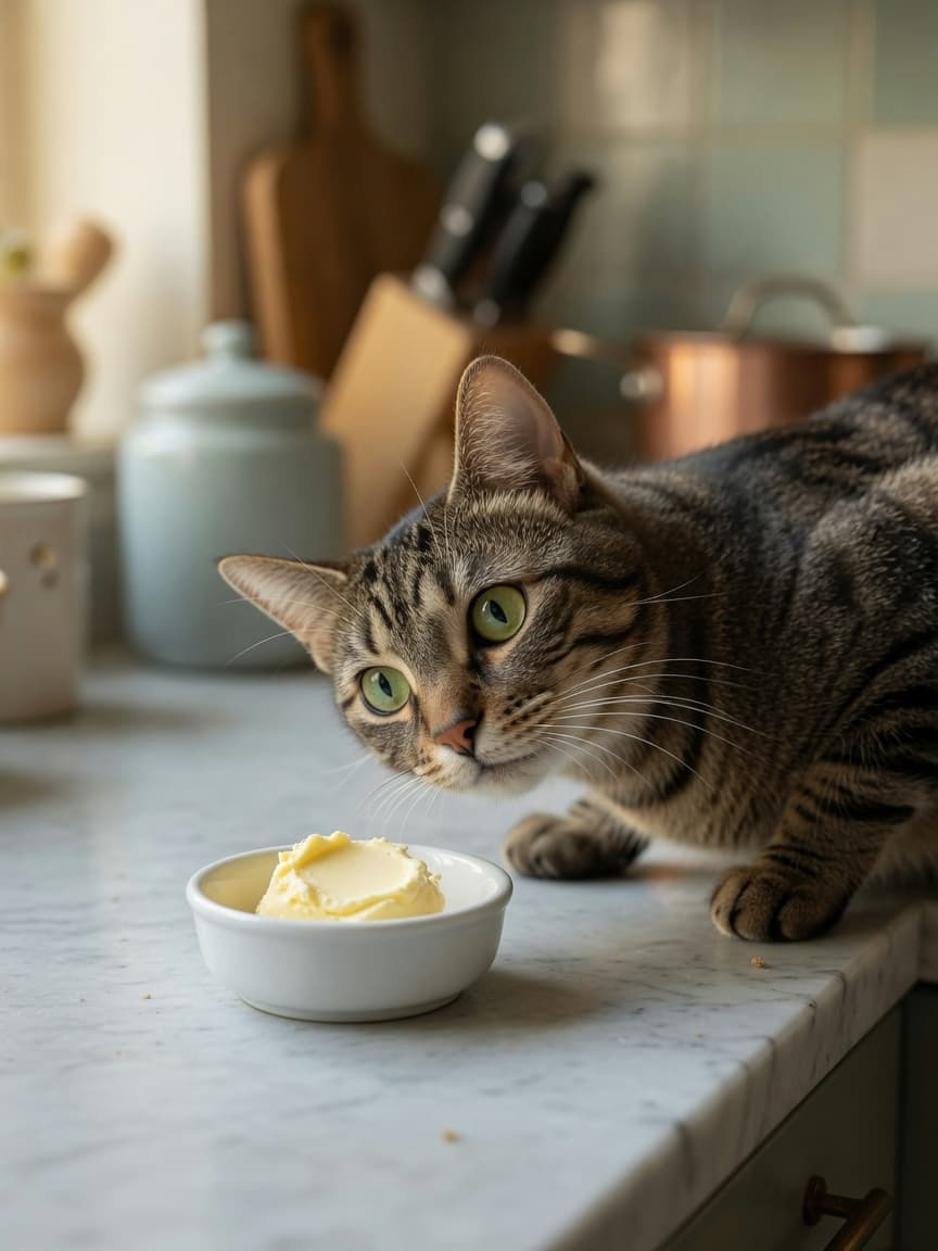 Tabby cat sniffing a small dish of butter on a kitchen counter