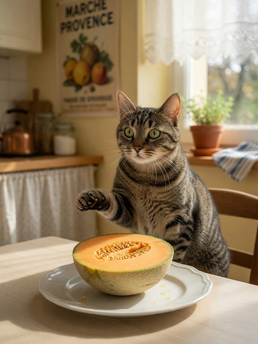 Curious tabby cat reaching toward halved cantaloupe on a kitchen table with warm sunlight