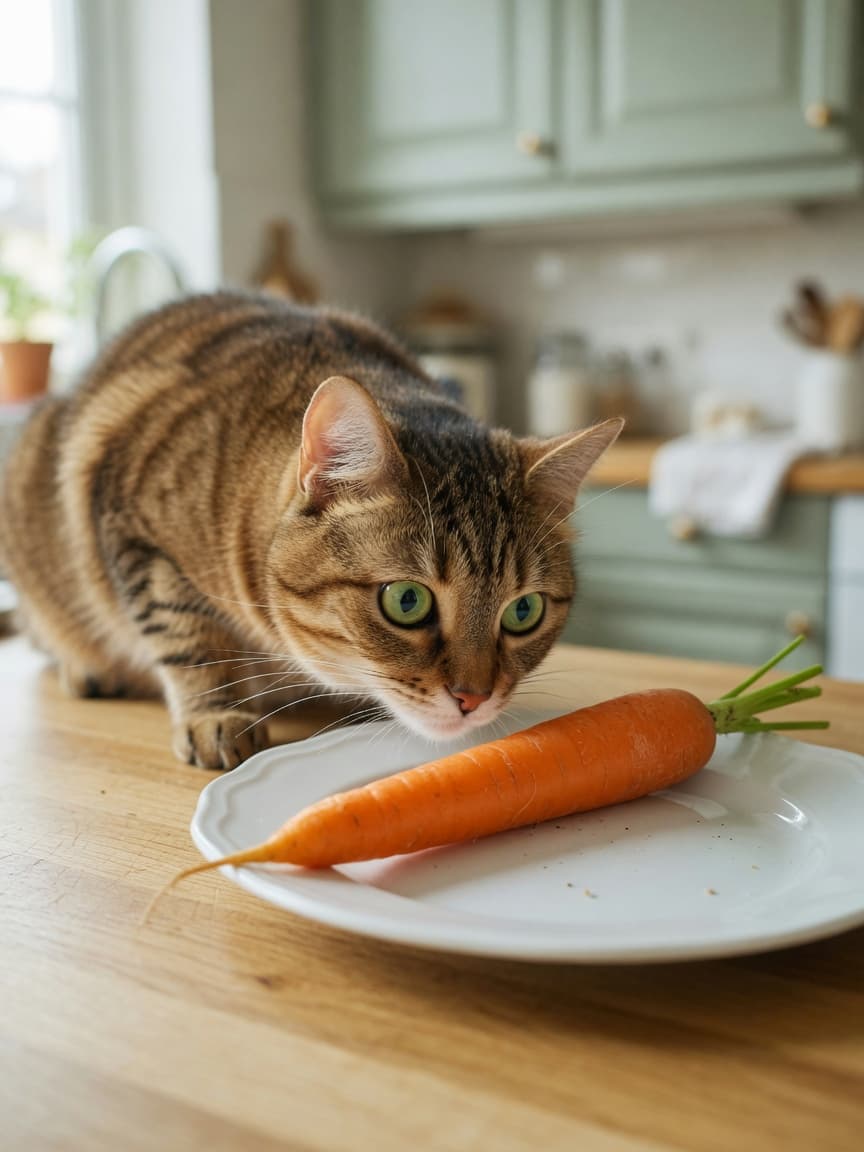 Curious tabby cat sniffing a fresh carrot on a kitchen plate in natural window light