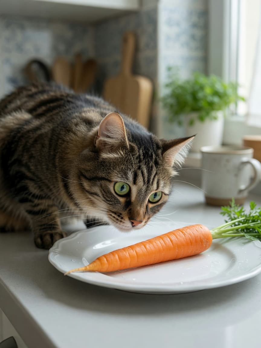 Tabby cat sniffing a carrot on a kitchen plate