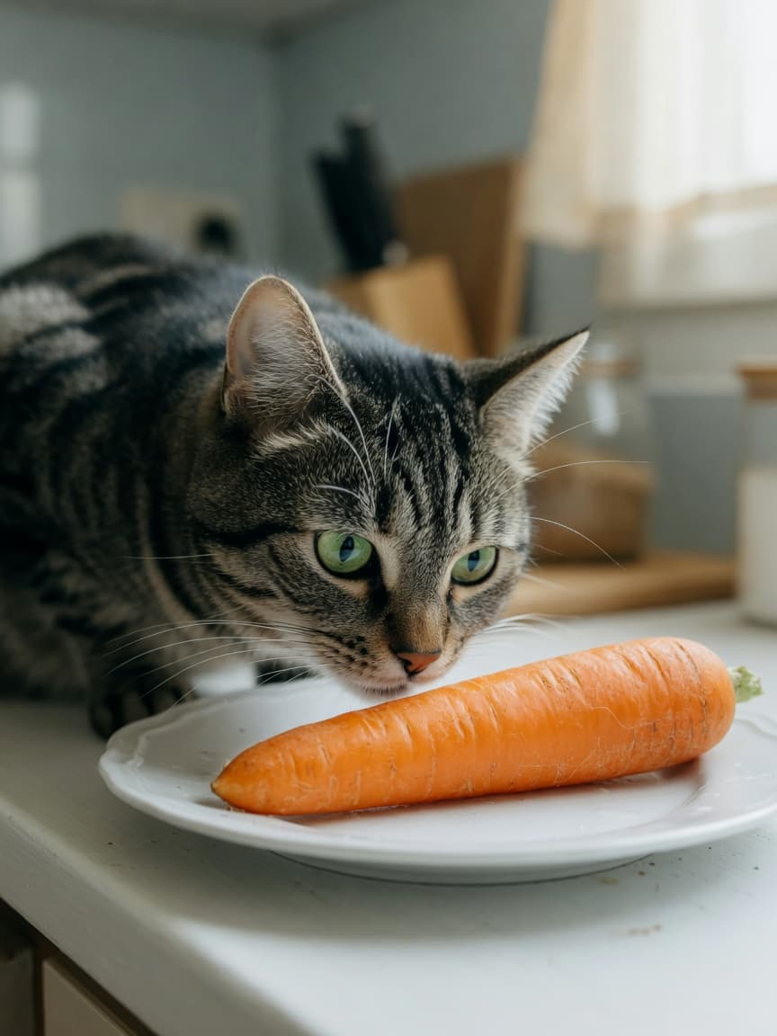 Tabby cat with green eyes sniffing a fresh carrot on a kitchen plate
