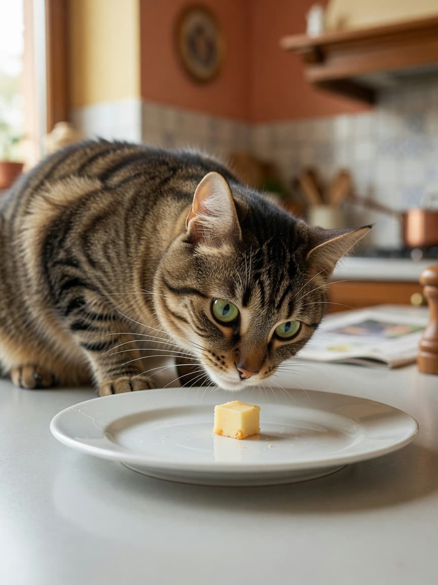 Tabby cat sniffing a tiny piece of cheddar cheese on a white plate in natural kitchen light