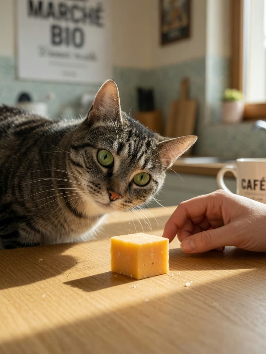 Tabby cat sniffing a small piece of cheddar cheese on a kitchen table with natural sunlight