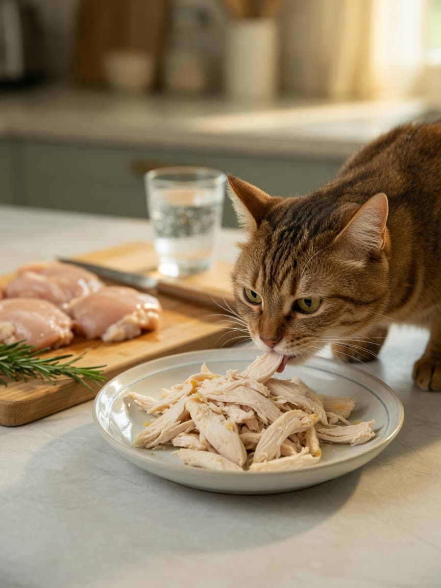A tabby cat eating plain cooked shredded chicken from a ceramic bowl on a kitchen counter, with proper preparation ingredients blurred in the background.
