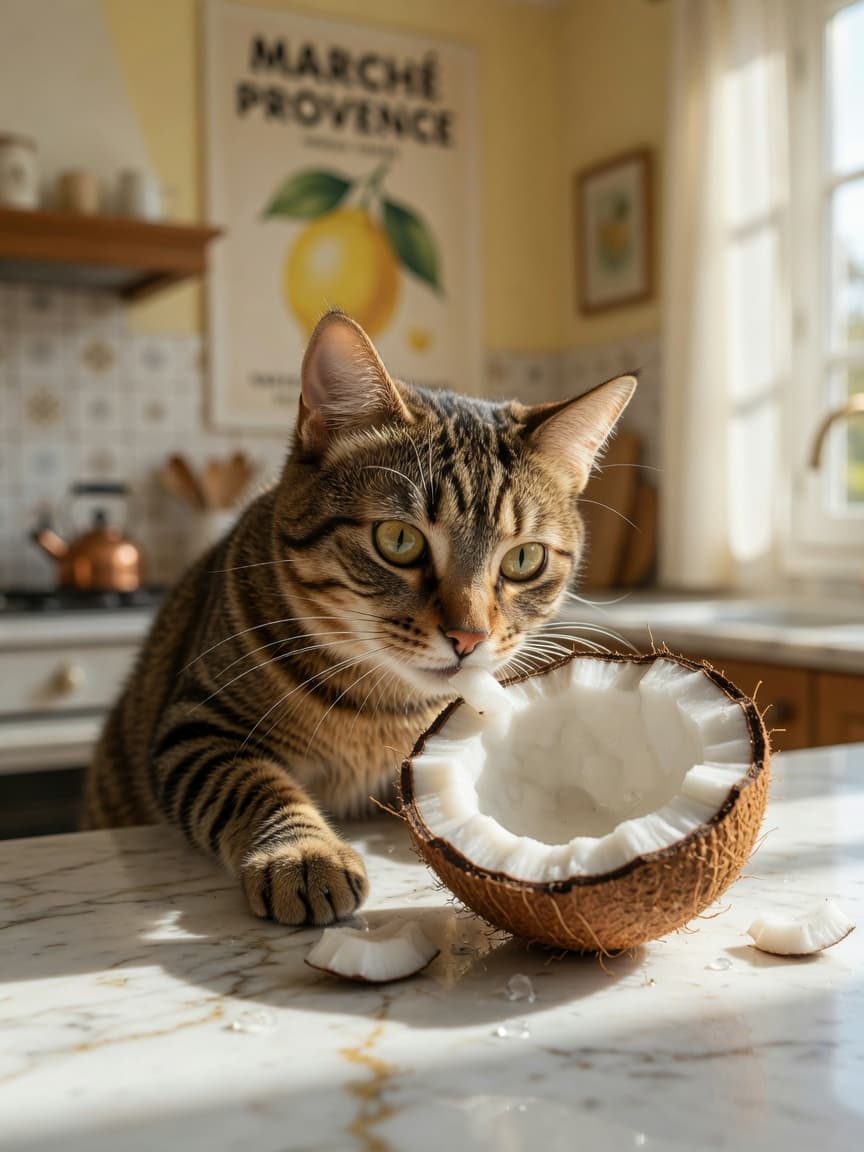 Curious tabby cat sniffing a fresh coconut on a kitchen counter in natural sunlight