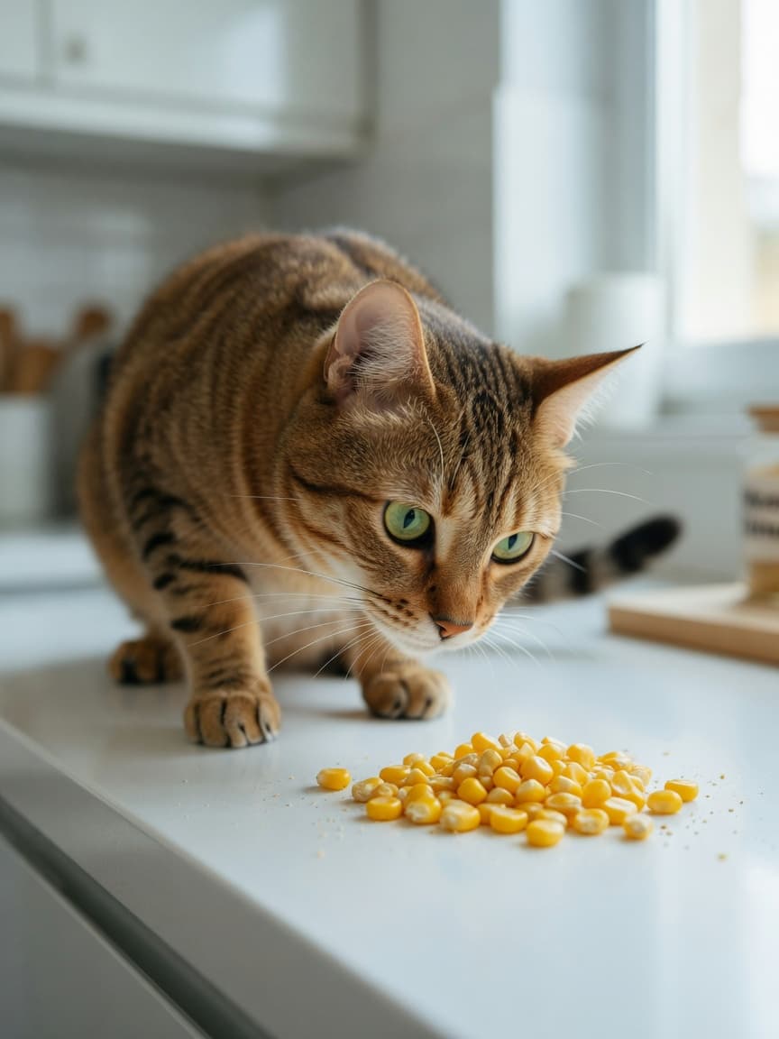 A tabby cat with green eyes sniffing at corn kernels on a white kitchen counter in natural light