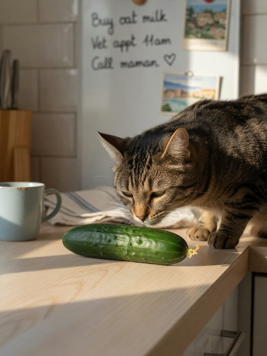 Tabby cat sniffing a fresh cucumber on a kitchen counter in natural morning light