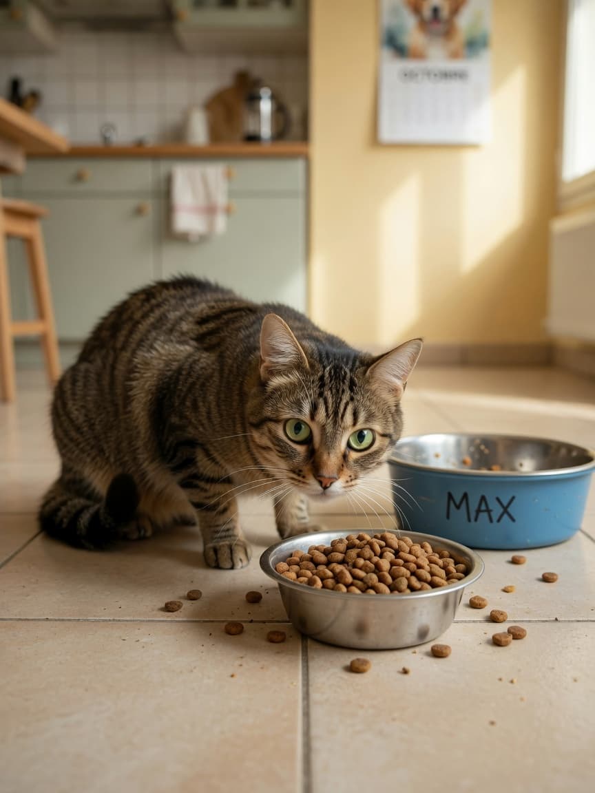 Tabby cat investigating a bowl of dog kibble in a kitchen while a dog's empty bowl sits nearby