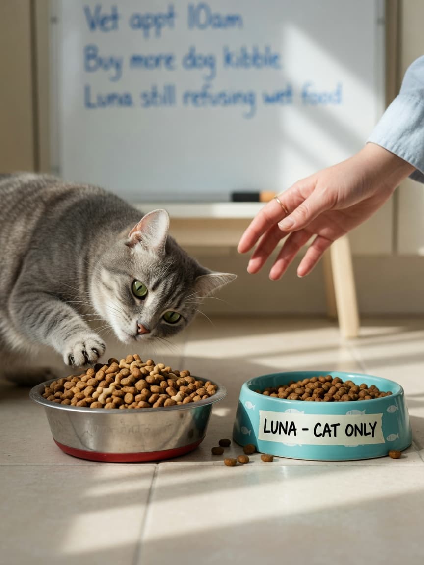 A curious cat sniffing a dog's food bowl in a kitchen, with a cat food bowl nearby and a pet owner's hand reaching protectively in the background