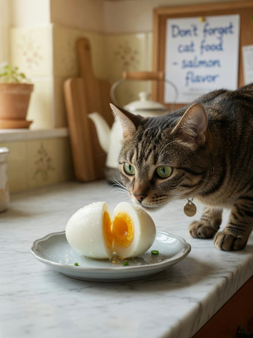 Tabby cat sniffing a boiled egg halved on a ceramic dish in a kitchen with natural light