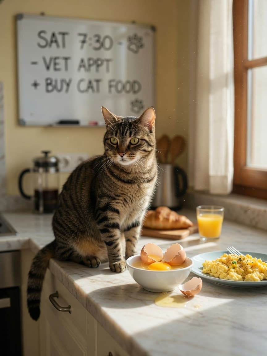Tabby cat on kitchen counter with raw egg in bowl and cooked scrambled egg on plate side by side