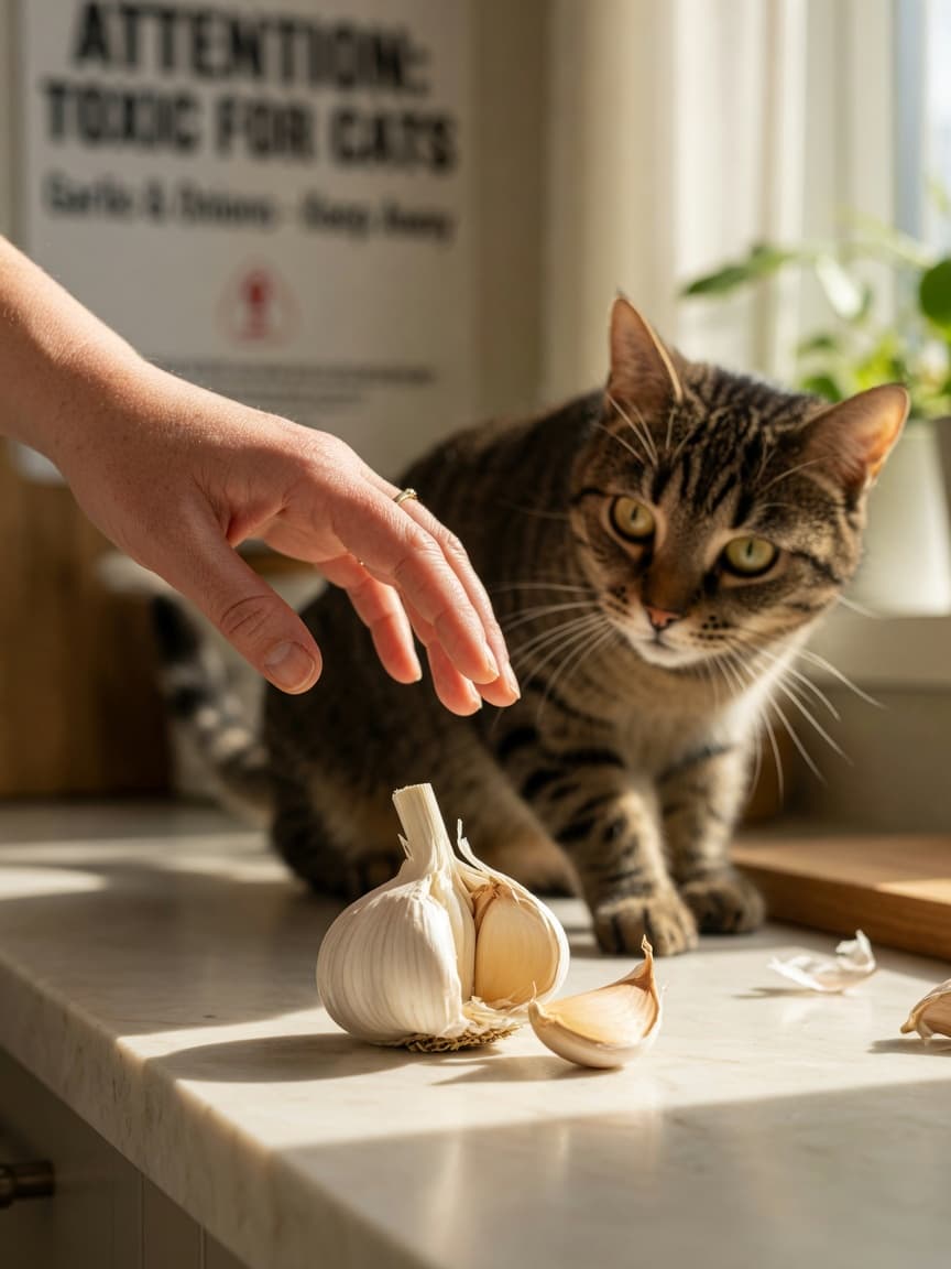 Cat owner's hand protectively blocking access to a garlic bulb on a kitchen counter with a curious tabby cat nearby