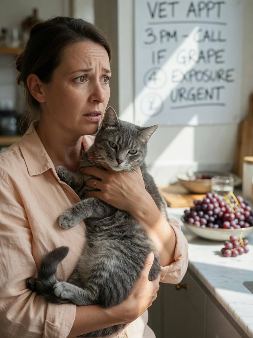 Concerned cat owner holding gray tabby cat with fresh grapes visible on kitchen counter in background