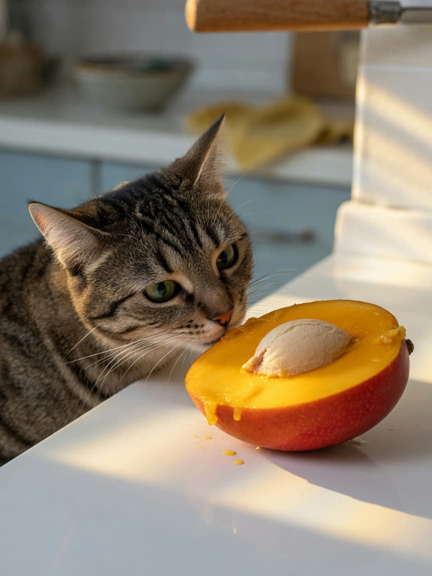 Tabby cat investigating a fresh halved mango on a kitchen counter