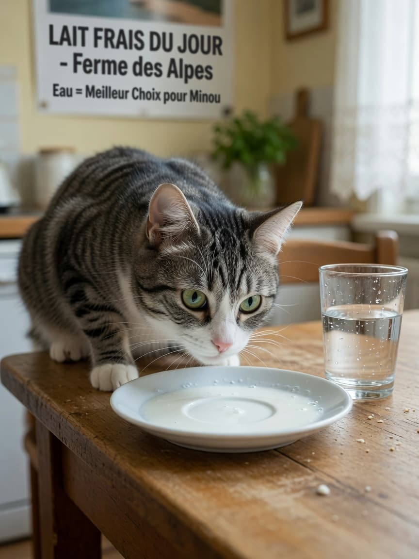 Tabby cat sniffing at a saucer of milk on a kitchen table with a glass of water nearby