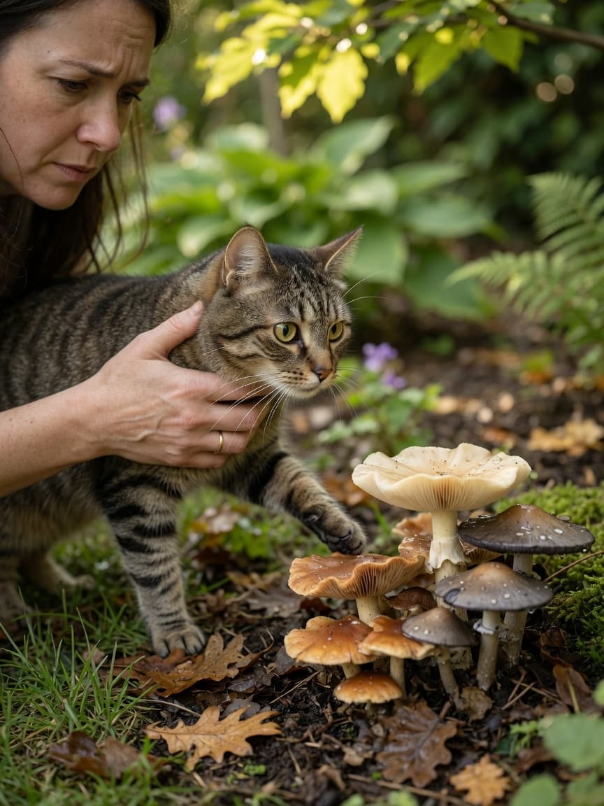 Cat owner's hand gently restraining a curious tabby cat from wild mushrooms growing in garden soil and leaf litter