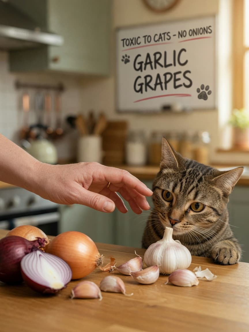 Cat owner's hand reaching toward a tabby cat near fresh onions and garlic on a kitchen counter