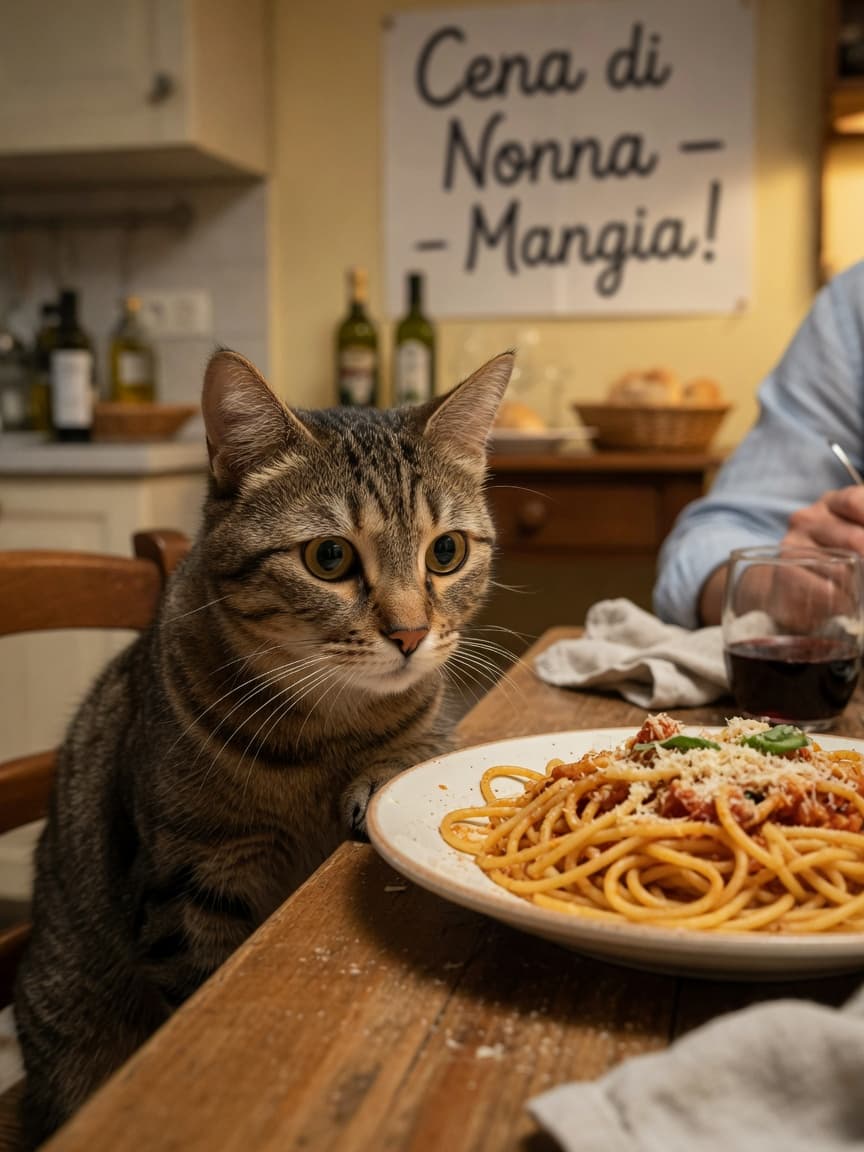 Tabby cat watching a plate of spaghetti on a dining table with intense interest