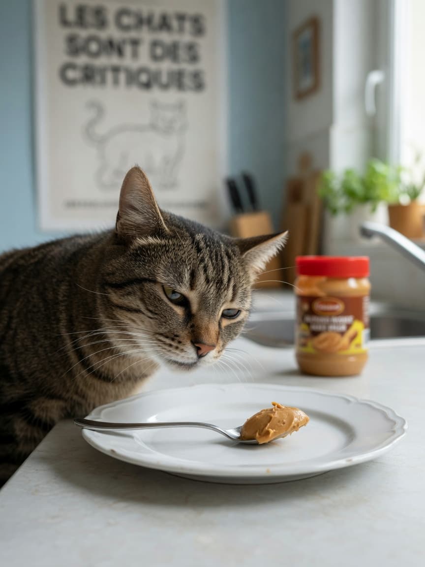 A tabby cat sniffing peanut butter on a plate with a disinterested expression