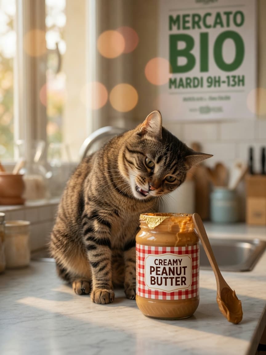 Curious tabby cat sniffing at an open jar of peanut butter on a kitchen counter with warm natural lighting