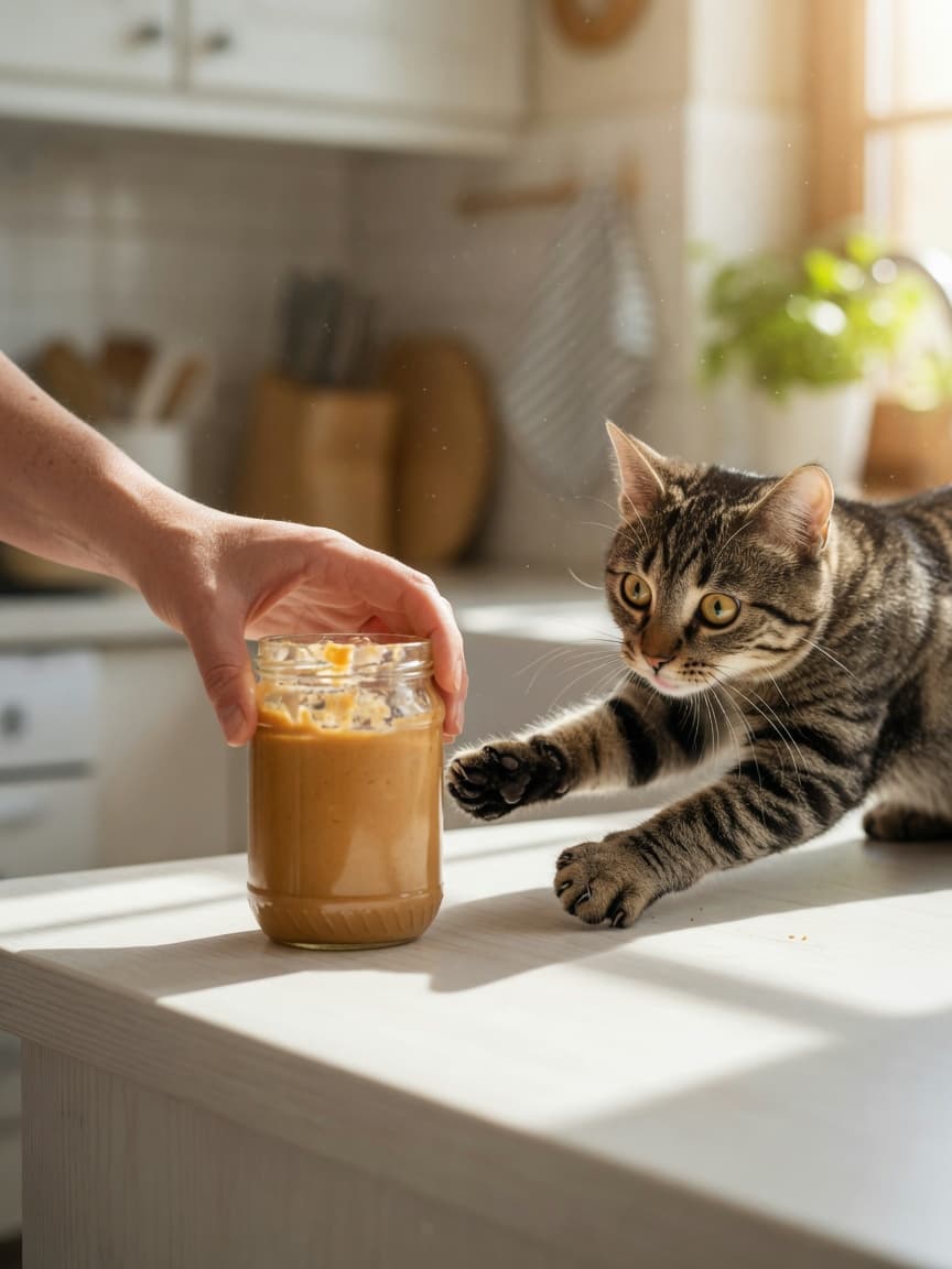 Cat owner's hand removing a peanut butter jar from a curious tabby cat reaching across a sunny kitchen counter