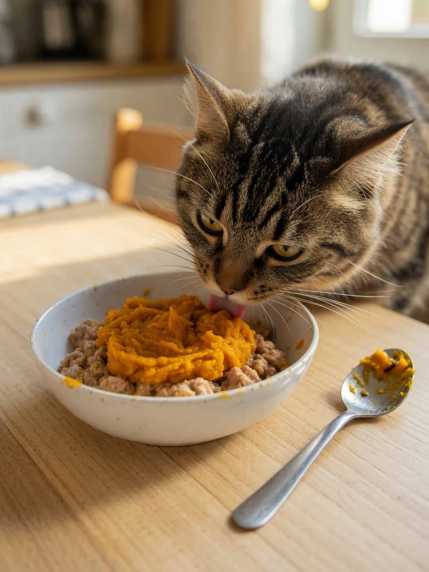 Tabby cat eating pumpkin-mixed food from a bowl with a teaspoon beside it on a wooden kitchen table