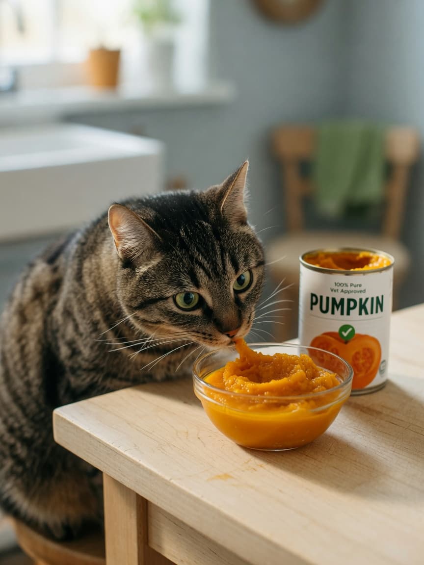 Tabby cat sniffing a bowl of plain pumpkin puree on a kitchen table with pumpkin can nearby