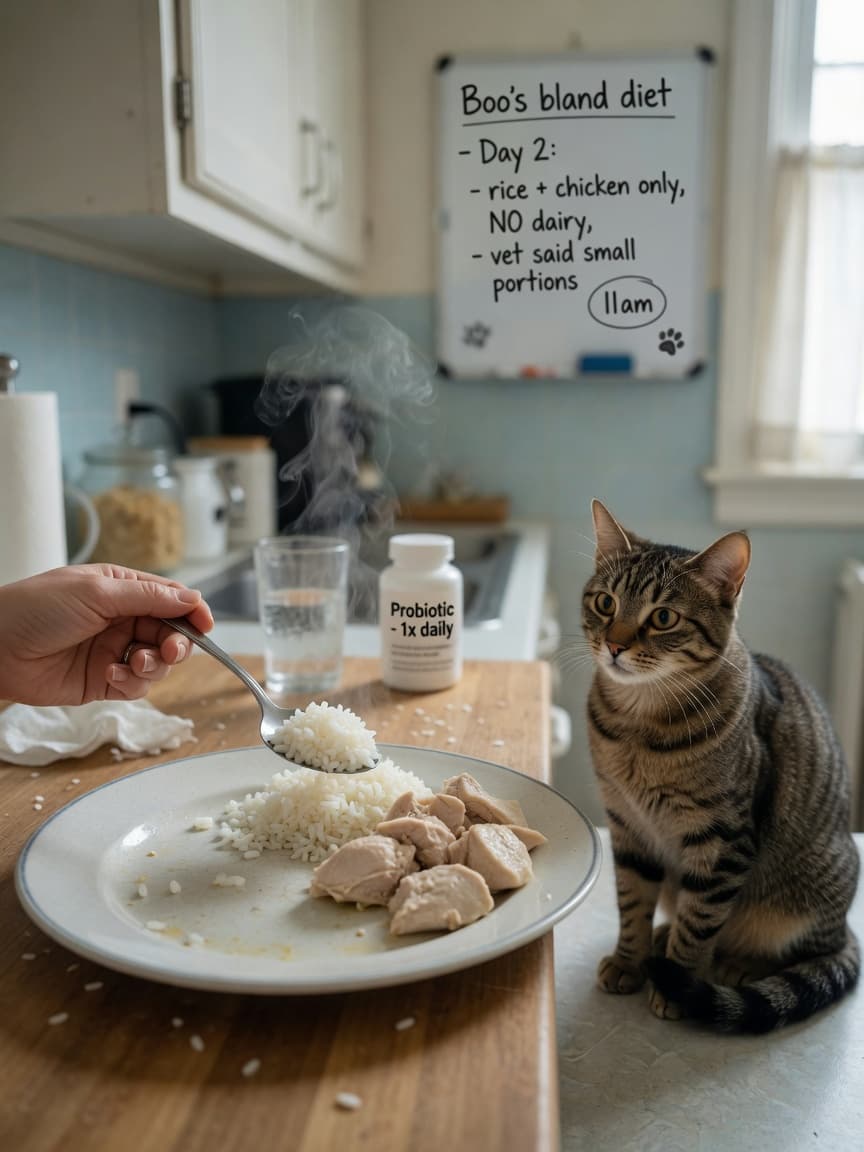 Cat owner preparing plain white rice and boiled chicken in kitchen as gentle food for upset stomach