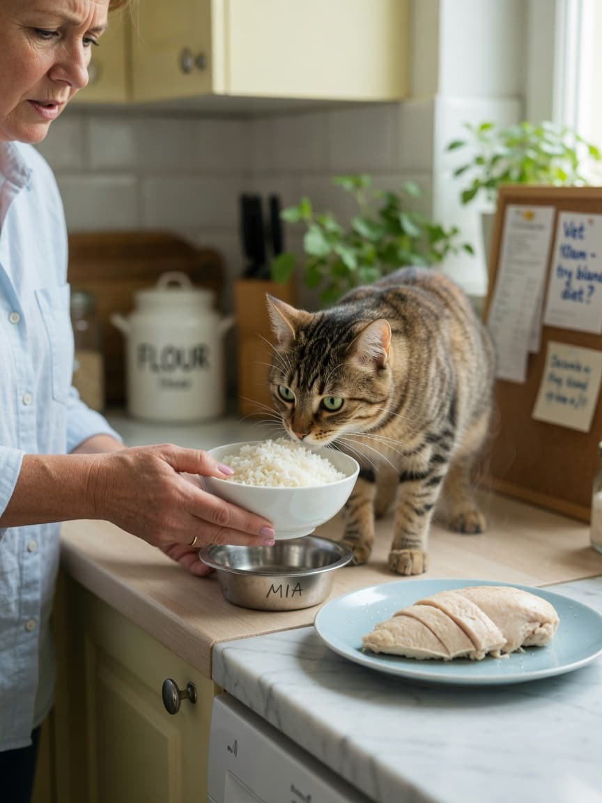 Cat owner holding a bowl of plain cooked white rice next to their tabby cat's food dish in a kitchen setting