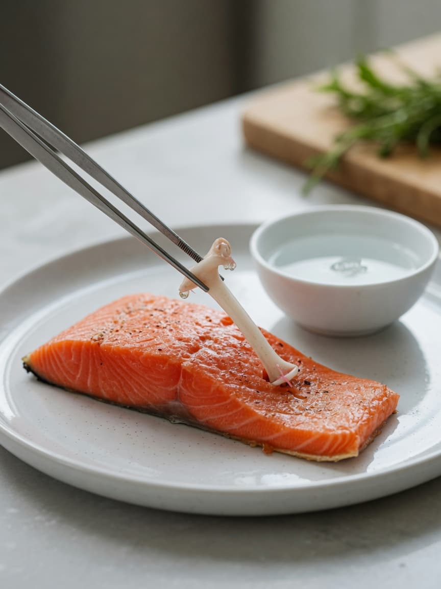 Tweezers removing a pin bone from cooked salmon fillet on a plate