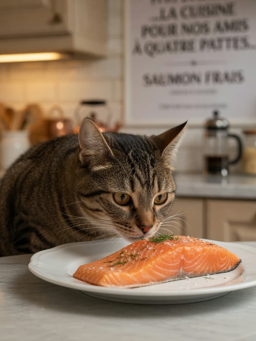 Tabby cat sniffing cooked salmon fillet on a kitchen plate