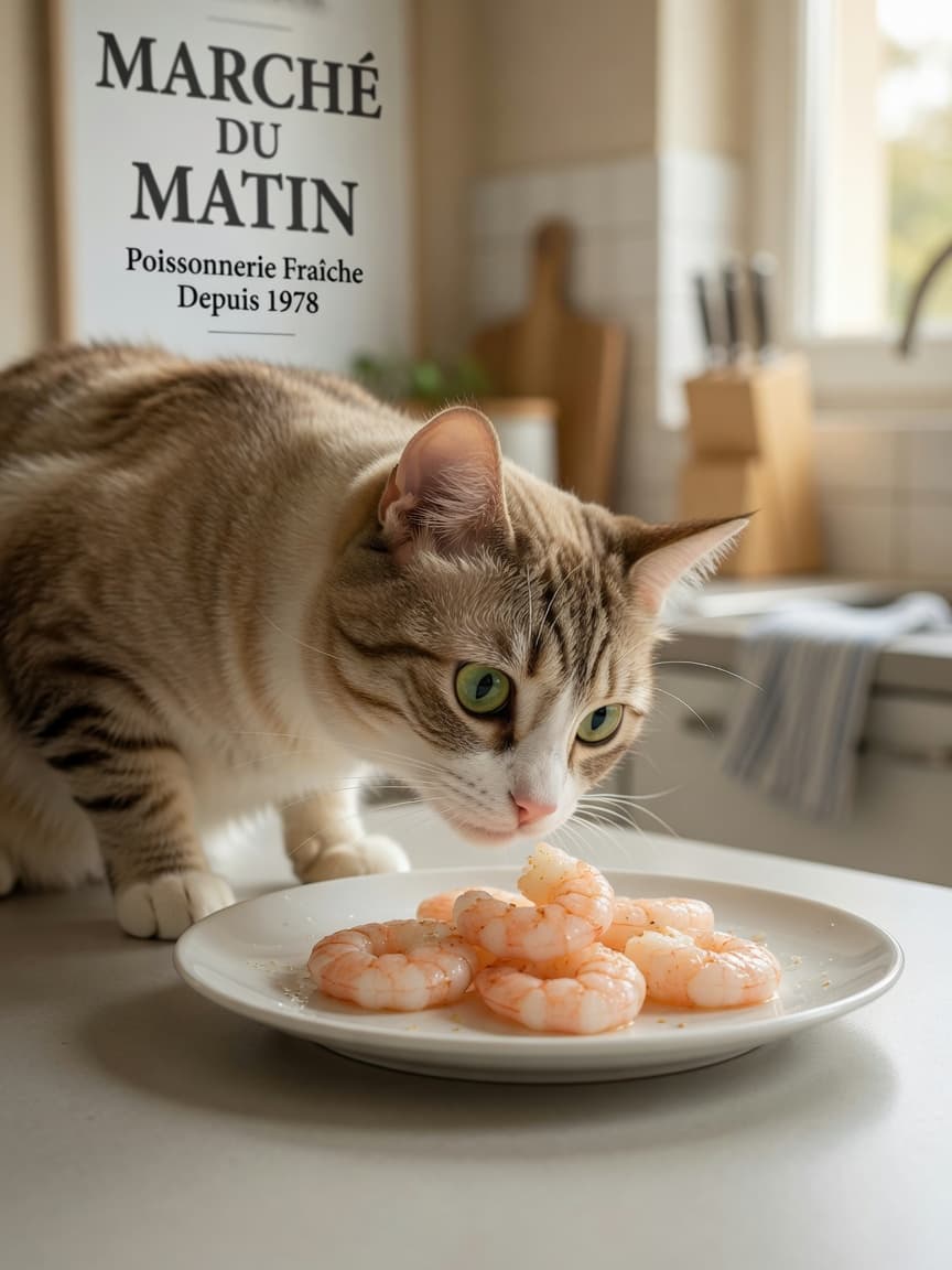 Curious tabby cat sniffing at a plate of cooked shrimp on a kitchen counter