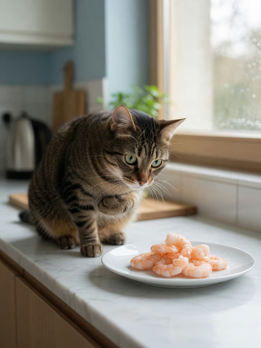 Tabby cat on kitchen counter investigating plain cooked shrimp on a white plate
