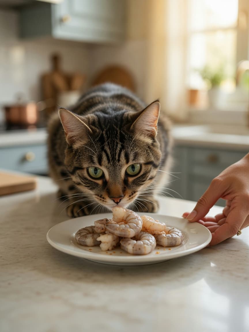 Curious cat sniffing cooked shrimp on a kitchen plate