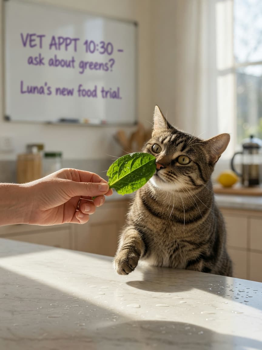 Cat owner holding spinach leaf near a tabby cat's face on kitchen counter with morning sunlight