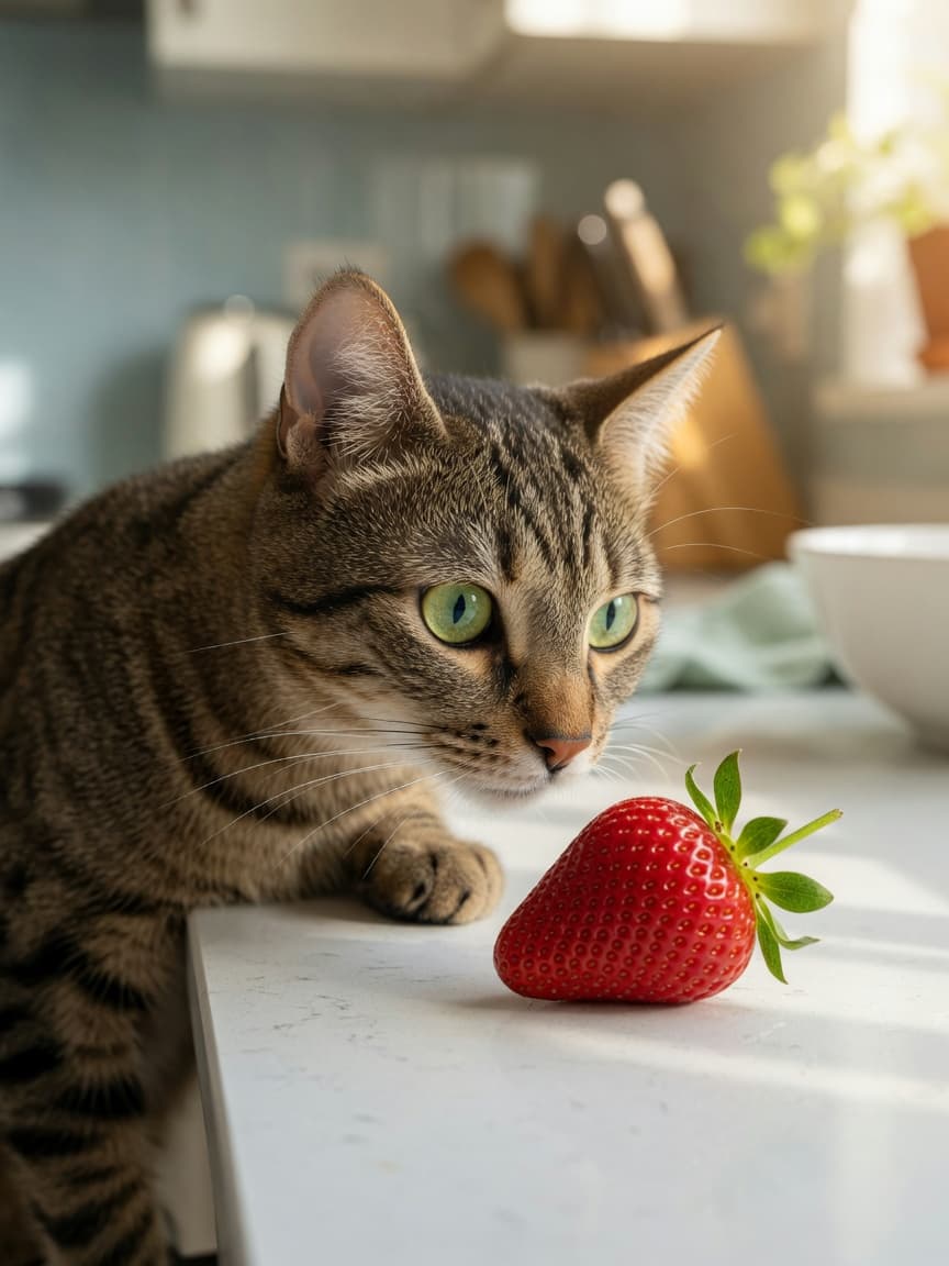 Curious tabby cat sniffing a fresh strawberry on a kitchen counter
