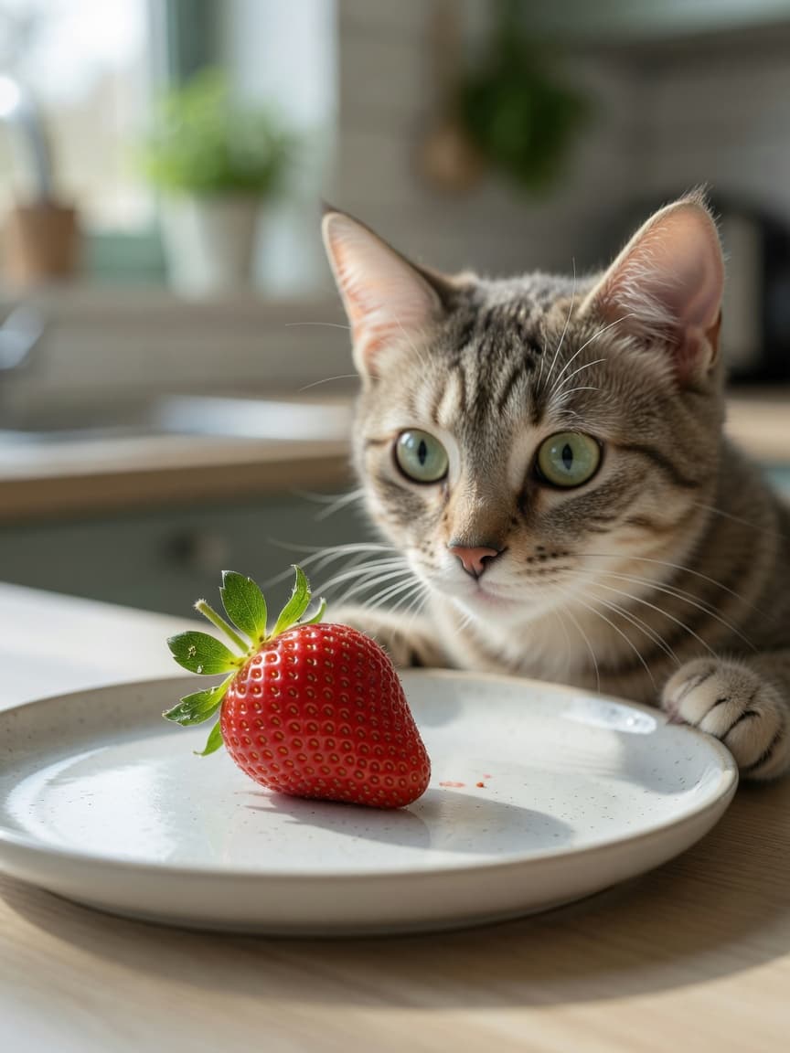 Curious cat sniffing a fresh strawberry with green leaves on a kitchen plate