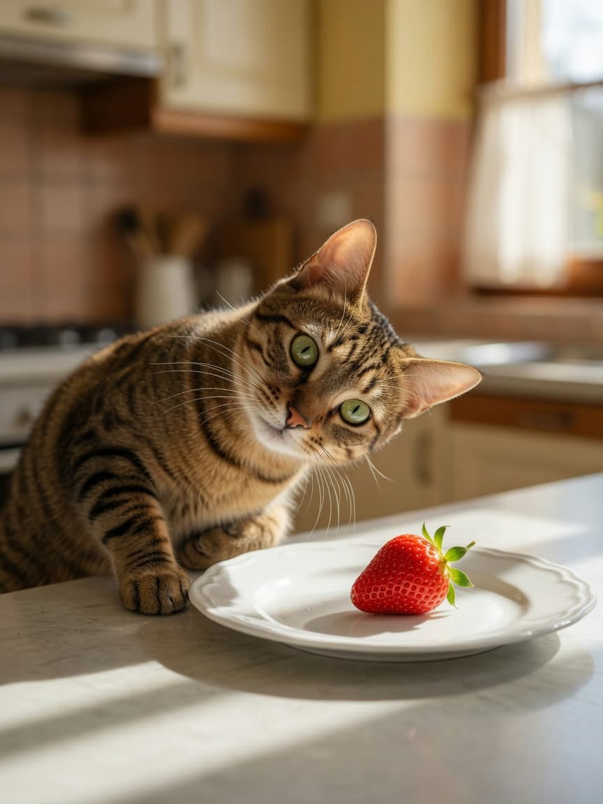 A tabby cat sniffing a fresh strawberry on a kitchen counter in sunlight