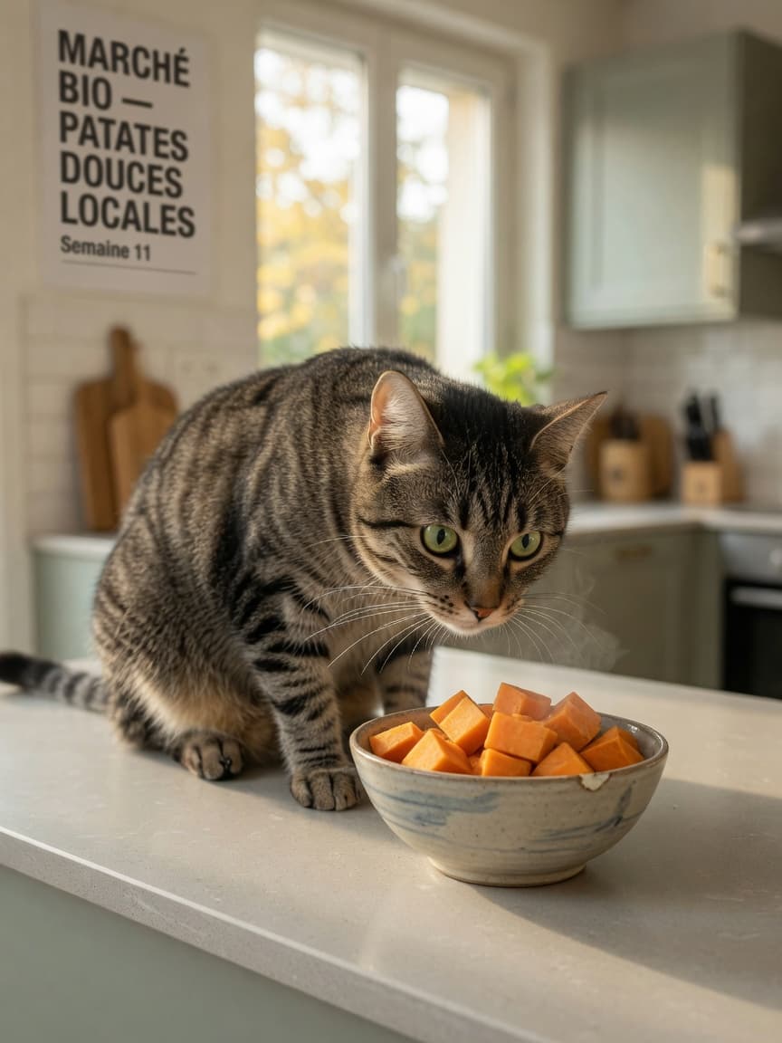 Tabby cat with green eyes on kitchen counter approaching a small bowl of plain cooked sweet potato pieces in warm daylight