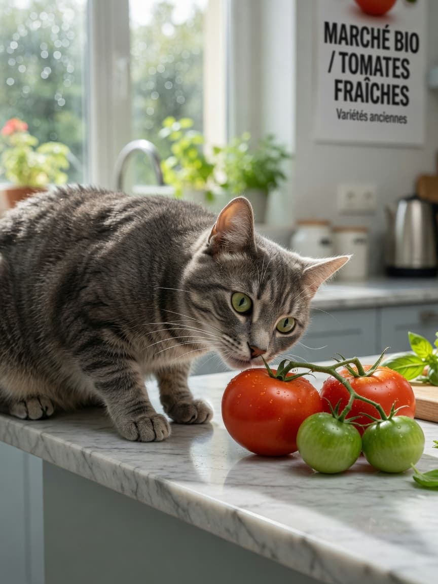 Tabby cat sniffing at ripe red and unripe green tomatoes on a kitchen counter in natural light
