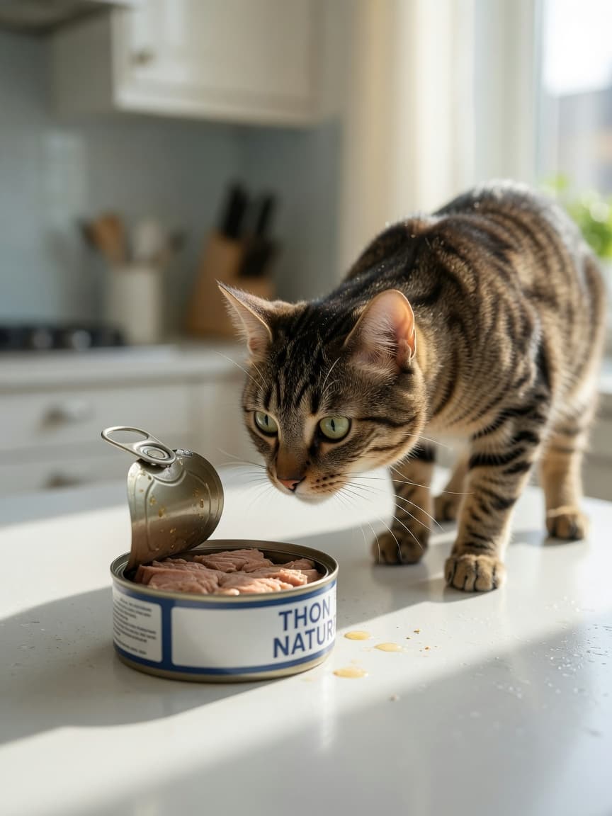Tabby cat investigating an open tin of canned tuna on a kitchen counter in natural morning light