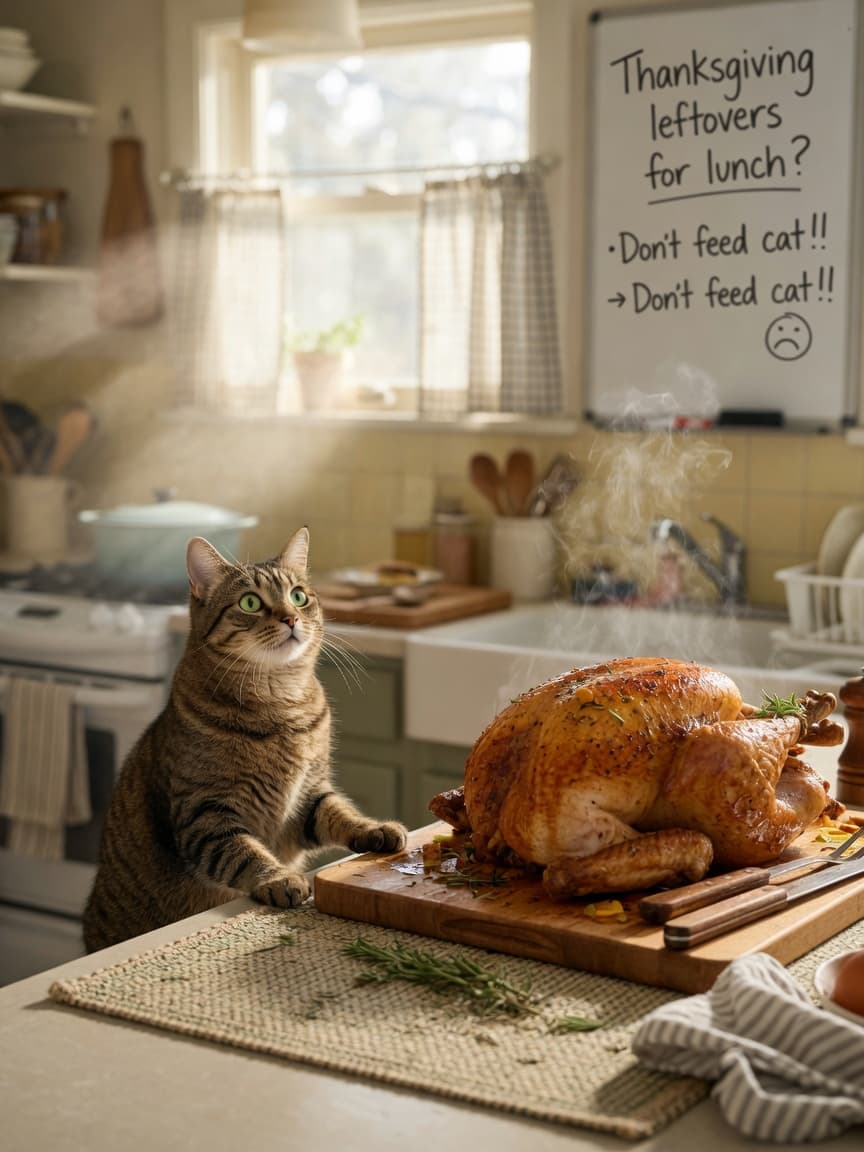 Tabby cat with green eyes watching a roasted turkey on a kitchen counter with keen interest