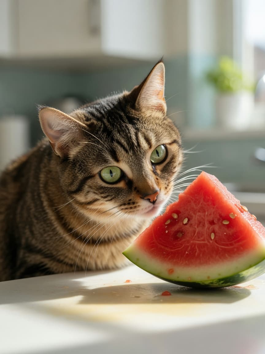 A tabby cat sniffing a piece of seedless watermelon on a kitchen counter